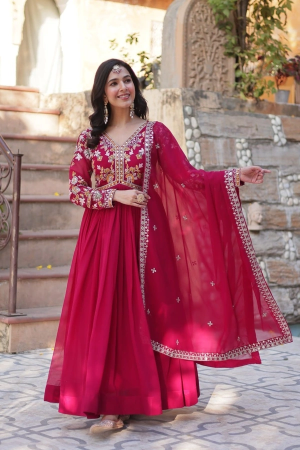 Azorte Fashion Elegant Faux Blooming Gown with Zari Sequins Embroidery & Designer Dupatta – Perfect for Festive & Party Wear - Shiraz, M (38)