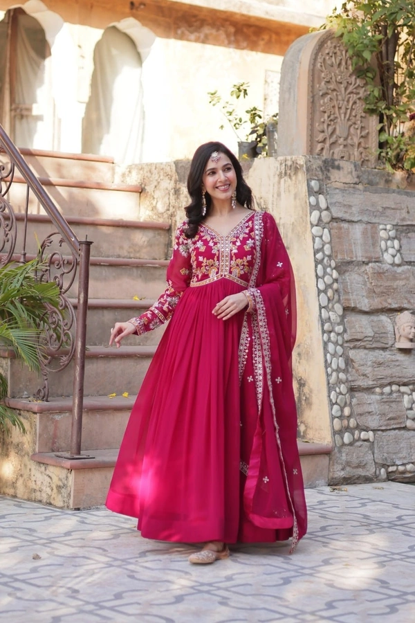 Azorte Fashion Elegant Faux Blooming Gown with Zari Sequins Embroidery & Designer Dupatta – Perfect for Festive & Party Wear - Shiraz, M (38)