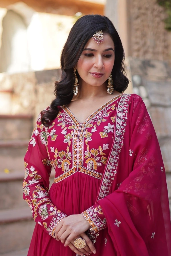 Azorte Fashion Elegant Faux Blooming Gown with Zari Sequins Embroidery & Designer Dupatta – Perfect for Festive & Party Wear - Shiraz, M (38)