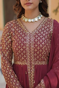 Azorte Fashion Elegant Faux Georgette Kurti with Embroidery, Pant & Dupatta – Festive & Party Wear - Tawny Port, L (40)