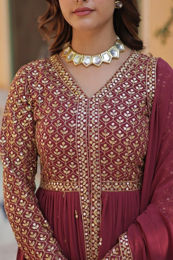 Azorte Fashion Elegant Faux Georgette Kurti with Embroidery, Pant & Dupatta – Festive & Party Wear - Tawny Port, L (40)