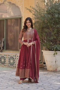 Azorte Fashion Elegant Faux Georgette Kurti with Embroidery, Pant & Dupatta – Festive & Party Wear - Tawny Port, L (40)