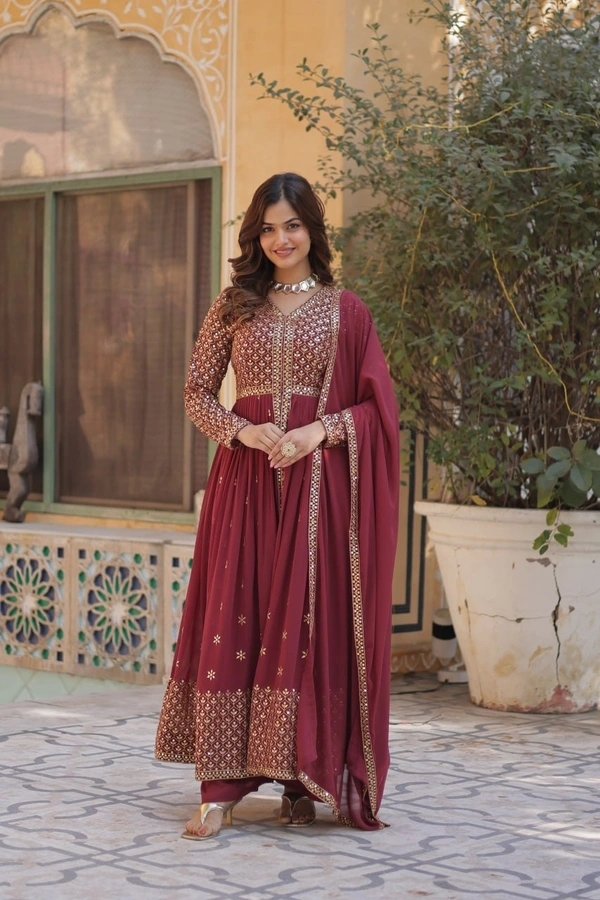 Azorte Fashion Elegant Faux Georgette Kurti with Embroidery, Pant & Dupatta – Festive & Party Wear - Tawny Port, L (40)