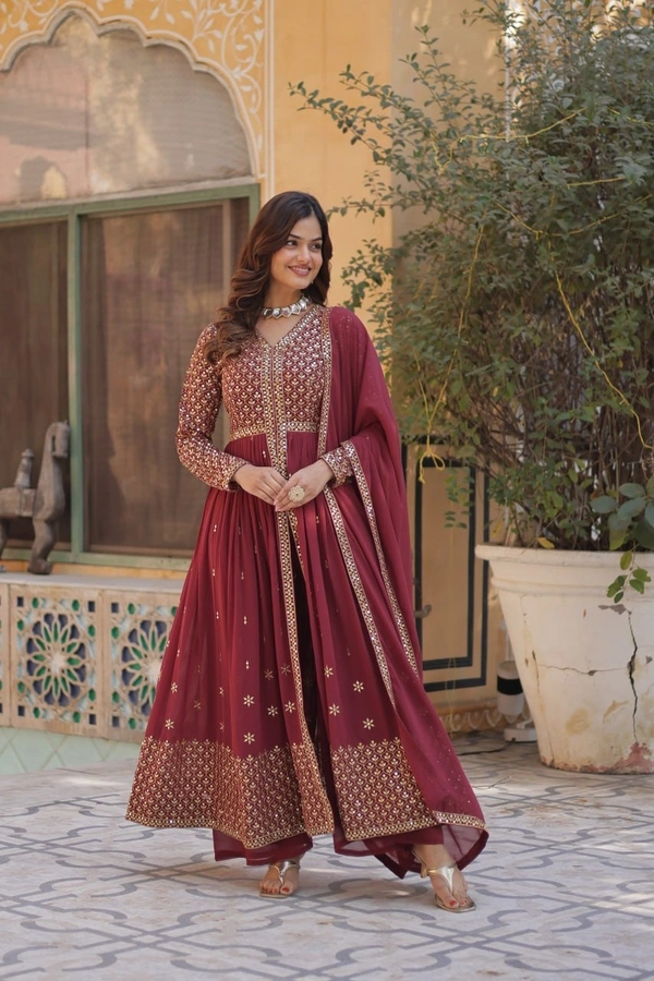 Azorte Fashion Elegant Faux Georgette Kurti with Embroidery, Pant & Dupatta – Festive & Party Wear - Tawny Port, L (40)