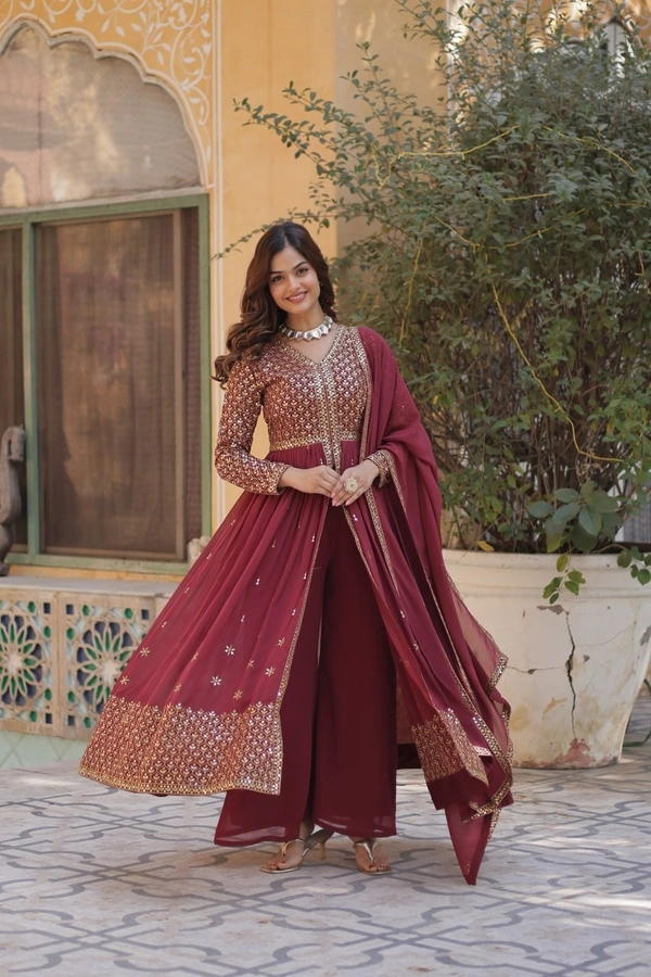 Azorte Fashion Elegant Faux Georgette Kurti with Embroidery, Pant & Dupatta – Festive & Party Wear - Tawny Port, L (40)