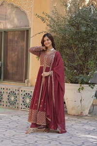 Azorte Fashion Elegant Faux Georgette Kurti with Embroidery, Pant & Dupatta – Festive & Party Wear - Tawny Port, L (40)