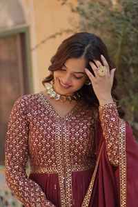 Azorte Fashion Elegant Faux Georgette Kurti with Embroidery, Pant & Dupatta – Festive & Party Wear - Tawny Port, L (40)