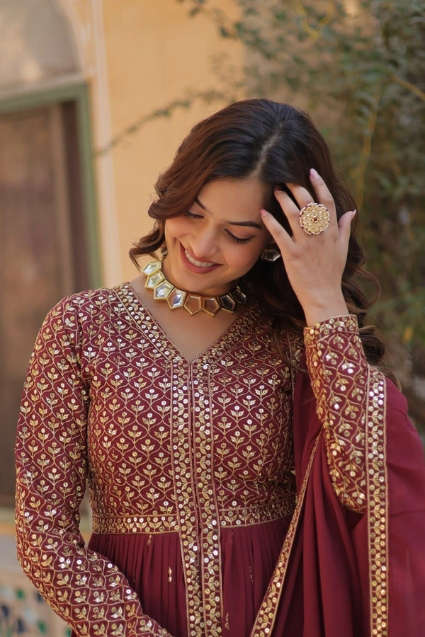 Azorte Fashion Elegant Faux Georgette Kurti with Embroidery, Pant & Dupatta – Festive & Party Wear - Tawny Port, L (40)