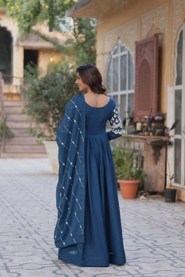 Azorte Fashion Elegant Star Georgette Gown with Beads & Sequins Embroidery – Party & Festive Wear - Pickled Bluewood, M (38)