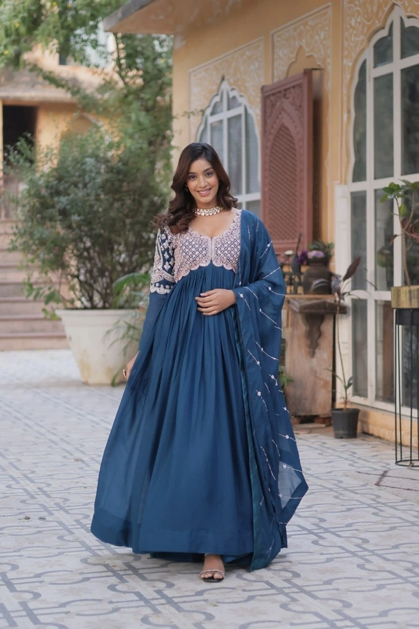 Azorte Fashion Elegant Star Georgette Gown with Beads & Sequins Embroidery – Party & Festive Wear - Pickled Bluewood, M (38)