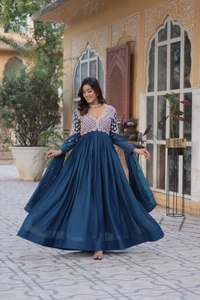 Azorte Fashion Elegant Star Georgette Gown with Beads & Sequins Embroidery – Party & Festive Wear - Pickled Bluewood, M (38)