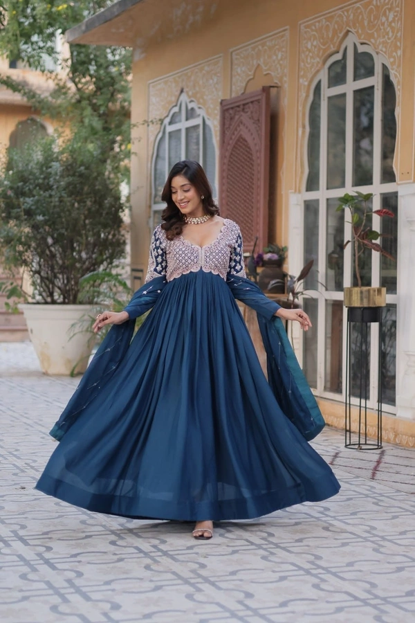 Azorte Fashion Elegant Star Georgette Gown with Beads & Sequins Embroidery – Party & Festive Wear - Pickled Bluewood, M (38)