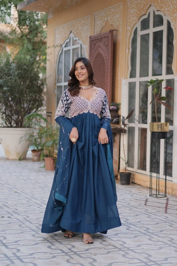 Azorte Fashion Elegant Star Georgette Gown with Beads & Sequins Embroidery – Party & Festive Wear - Pickled Bluewood, M (38)