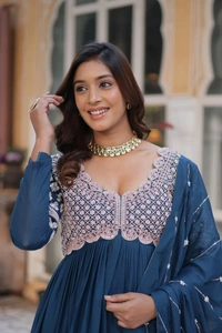 Azorte Fashion Elegant Star Georgette Gown with Beads & Sequins Embroidery – Party & Festive Wear - Pickled Bluewood, M (38)