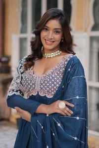 Azorte Fashion Elegant Star Georgette Gown with Beads & Sequins Embroidery – Party & Festive Wear - Pickled Bluewood, M (38)