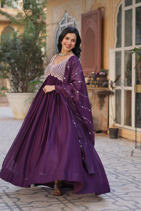 Azorte Fashion Elegant Star Georgette Gown with Beads & Sequins Embroidery – Party & Festive Wear - Wine Berry, M (38)