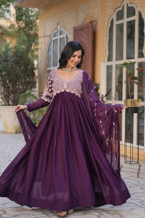 Azorte Fashion Elegant Star Georgette Gown with Beads & Sequins Embroidery – Party & Festive Wear - Wine Berry, M (38)