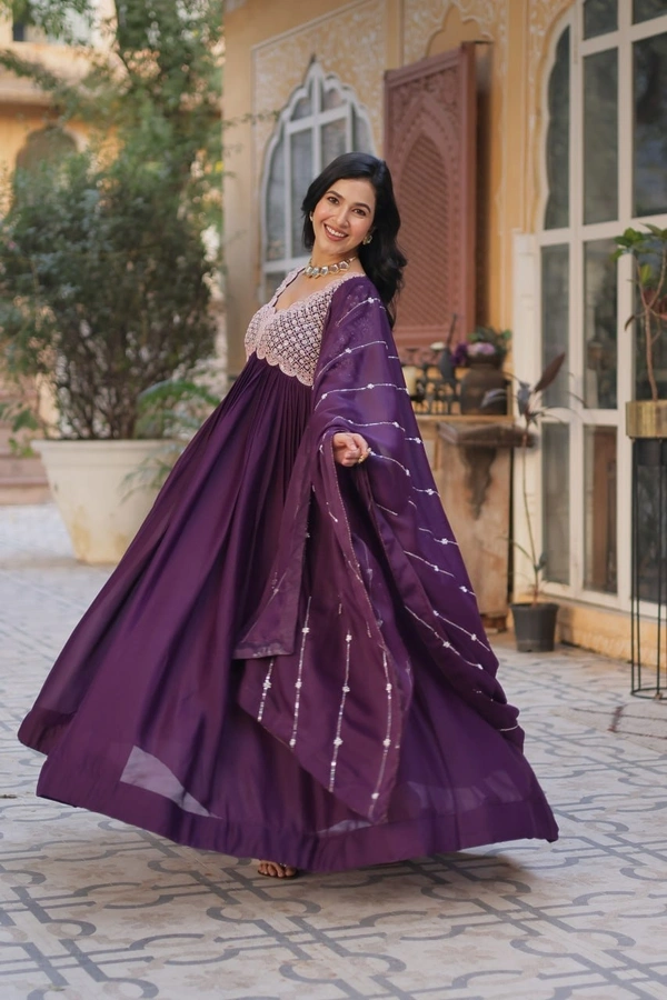 Azorte Fashion Elegant Star Georgette Gown with Beads & Sequins Embroidery – Party & Festive Wear - Wine Berry, M (38)