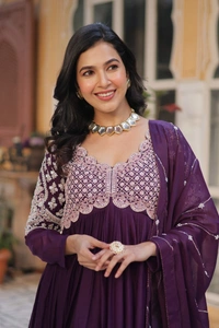 Azorte Fashion Elegant Star Georgette Gown with Beads & Sequins Embroidery – Party & Festive Wear - Wine Berry, M (38)