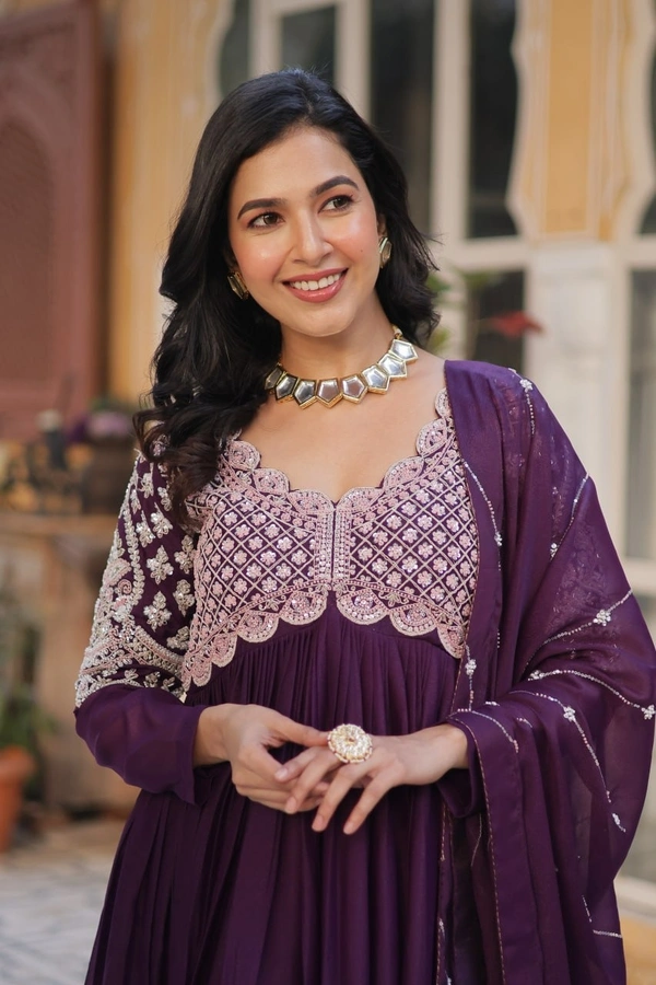 Azorte Fashion Elegant Star Georgette Gown with Beads & Sequins Embroidery – Party & Festive Wear - Wine Berry, M (38)