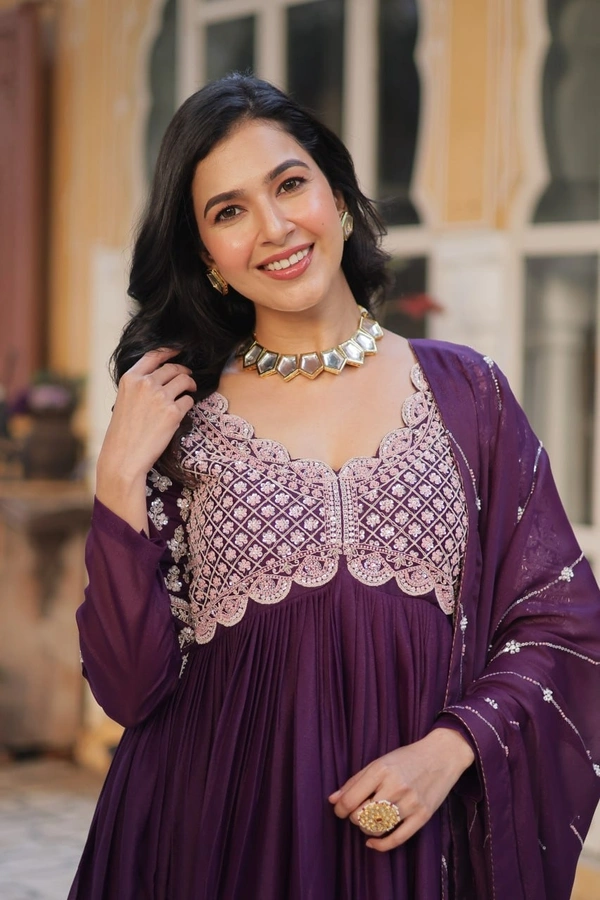 Azorte Fashion Elegant Star Georgette Gown with Beads & Sequins Embroidery – Party & Festive Wear - Wine Berry, M (38)