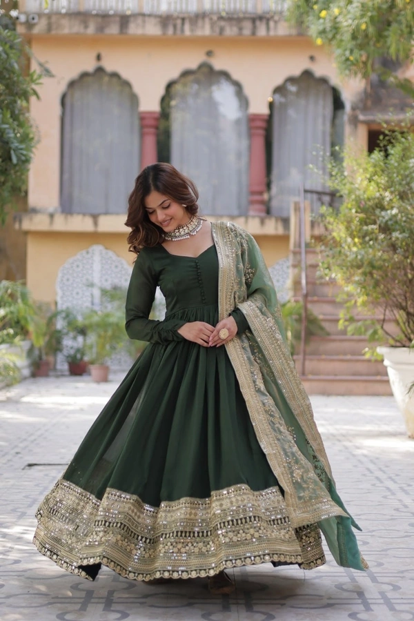 Azorte Fashion  Luxurious Shimmer Vichitra Gown with Embroidered Sequins & Fendi Dupatta – Party & Wedding Wear - Heavy Metal, M (38)