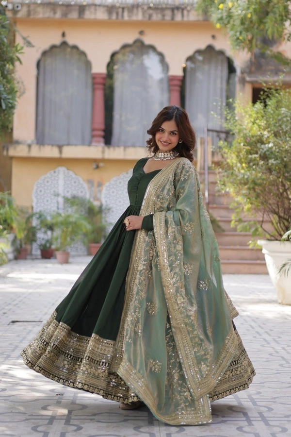 Azorte Fashion  Luxurious Shimmer Vichitra Gown with Embroidered Sequins & Fendi Dupatta – Party & Wedding Wear - Heavy Metal, M (38)