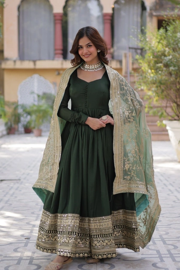 Azorte Fashion  Luxurious Shimmer Vichitra Gown with Embroidered Sequins & Fendi Dupatta – Party & Wedding Wear - Heavy Metal, M (38)