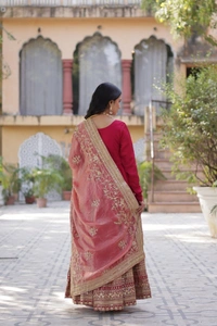 Azorte Fashion  Luxurious Shimmer Vichitra Gown with Embroidered Sequins & Fendi Dupatta – Party & Wedding Wear - Cardinal, M (38)