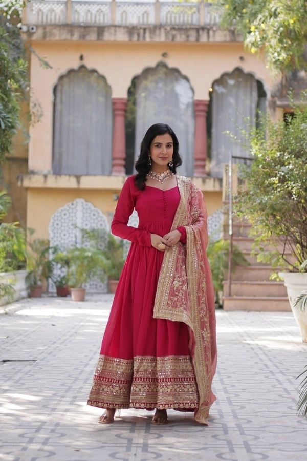 Azorte Fashion  Luxurious Shimmer Vichitra Gown with Embroidered Sequins & Fendi Dupatta – Party & Wedding Wear - Cardinal, M (38)