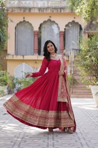 Azorte Fashion  Luxurious Shimmer Vichitra Gown with Embroidered Sequins & Fendi Dupatta – Party & Wedding Wear - Cardinal, M (38)