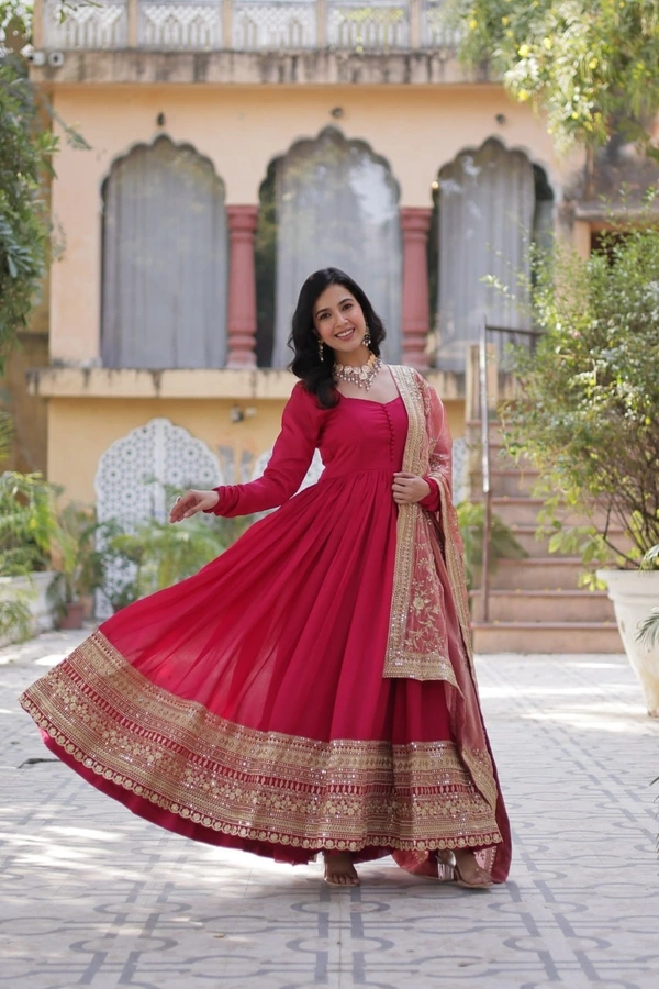 Azorte Fashion  Luxurious Shimmer Vichitra Gown with Embroidered Sequins & Fendi Dupatta – Party & Wedding Wear - Cardinal, M (38)