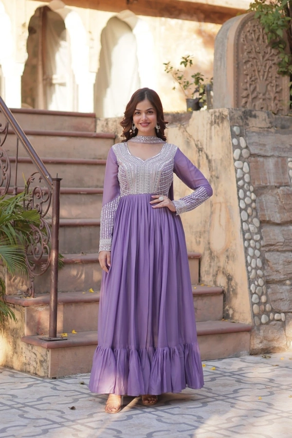 Azorte Fashion Elegant Star Georgette Gown with Beads & Sequins Embroidery – Perfect Party & Wedding Wear - Trendy Pink, XXL (44)