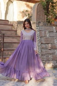 Azorte Fashion Elegant Star Georgette Gown with Beads & Sequins Embroidery – Perfect Party & Wedding Wear - Trendy Pink, XXL (44)
