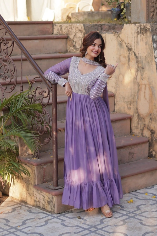 Azorte Fashion Elegant Star Georgette Gown with Beads & Sequins Embroidery – Perfect Party & Wedding Wear - Trendy Pink, XXL (44)