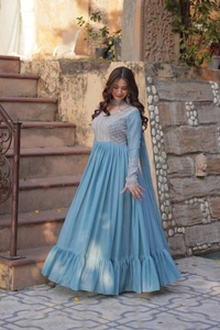 Azorte Fashion Elegant Star Georgette Gown with Beads & Sequins Embroidery – Perfect Party & Wedding Wear - Horizon, XXL (44)