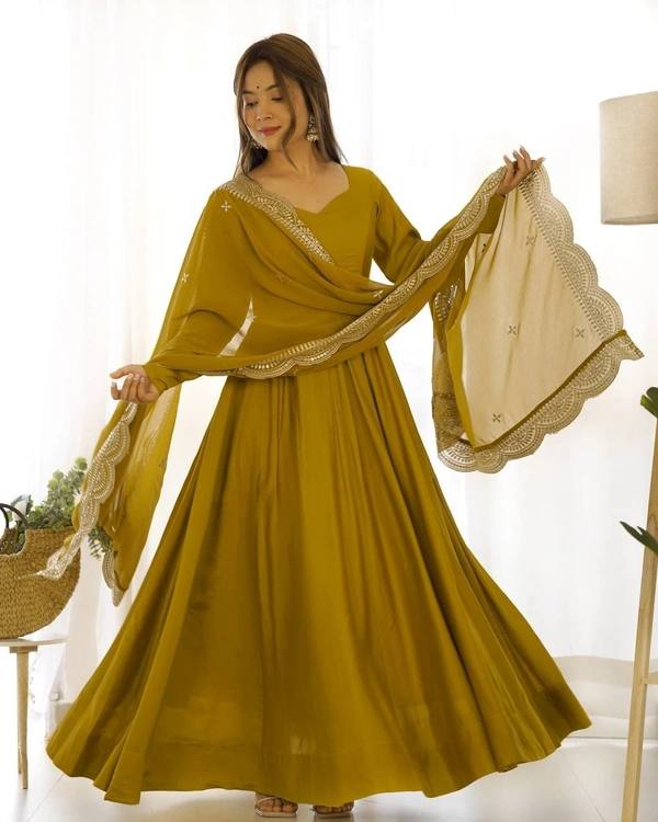 Azorte Fashion Premium Roman Silk Chanderi Anarkali Set – 16-Kali Flair, Embroidered Dupatta & Stitched Pants - Hot Toddy, L (40)