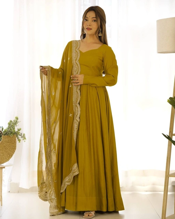 Azorte Fashion Premium Roman Silk Chanderi Anarkali Set – 16-Kali Flair, Embroidered Dupatta & Stitched Pants - Hot Toddy, L (40)