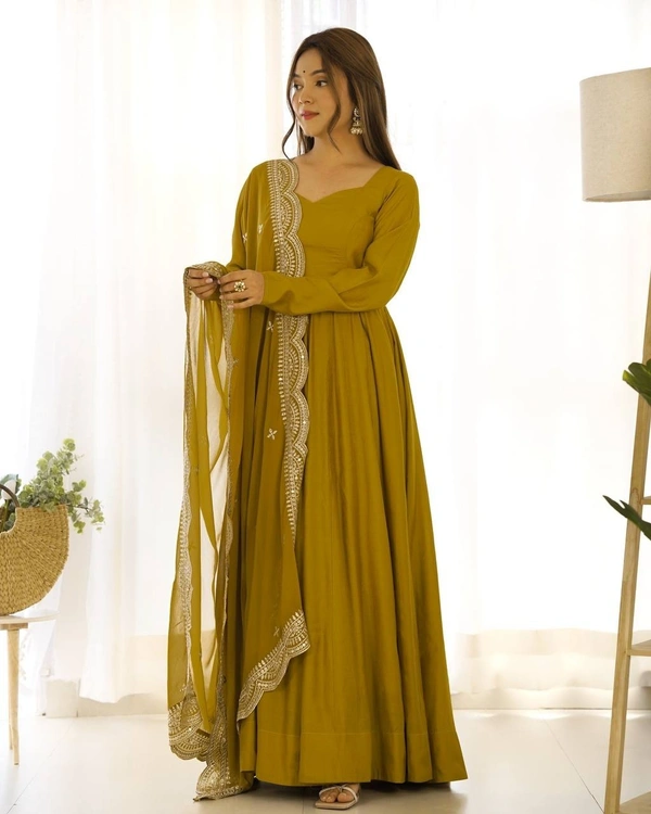 Azorte Fashion Premium Roman Silk Chanderi Anarkali Set – 16-Kali Flair, Embroidered Dupatta & Stitched Pants - Hot Toddy, L (40)