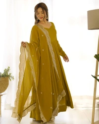 Azorte Fashion Premium Roman Silk Chanderi Anarkali Set – 16-Kali Flair, Embroidered Dupatta & Stitched Pants - Hot Toddy, L (40)