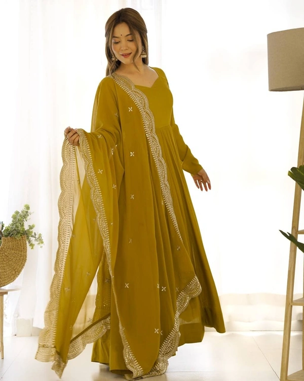Azorte Fashion Premium Roman Silk Chanderi Anarkali Set – 16-Kali Flair, Embroidered Dupatta & Stitched Pants - Hot Toddy, L (40)