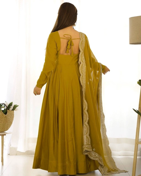 Azorte Fashion Premium Roman Silk Chanderi Anarkali Set – 16-Kali Flair, Embroidered Dupatta & Stitched Pants - Hot Toddy, L (40)