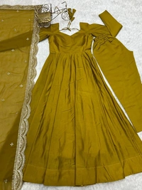 Azorte Fashion Premium Roman Silk Chanderi Anarkali Set – 16-Kali Flair, Embroidered Dupatta & Stitched Pants - Hot Toddy, L (40)