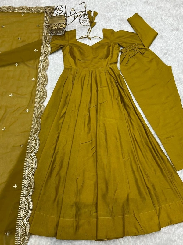 Azorte Fashion Premium Roman Silk Chanderi Anarkali Set – 16-Kali Flair, Embroidered Dupatta & Stitched Pants - Hot Toddy, L (40)