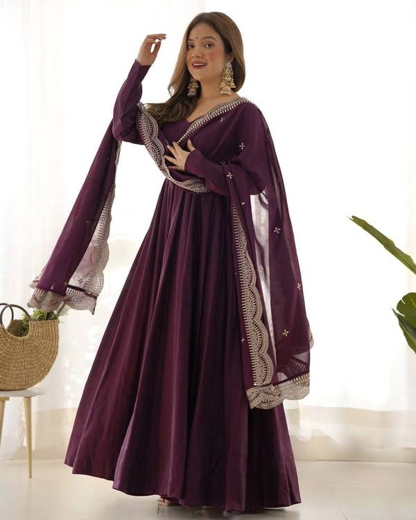 Azorte Fashion Premium Roman Silk Chanderi Anarkali Set – 16-Kali Flair, Embroidered Dupatta & Stitched Pants - Cocoa Bean, XS (34)
