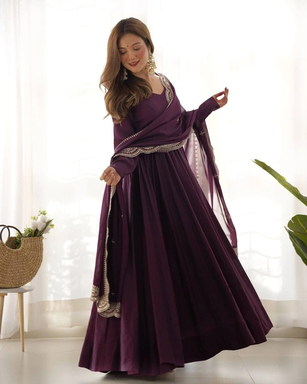 Azorte Fashion Premium Roman Silk Chanderi Anarkali Set – 16-Kali Flair, Embroidered Dupatta & Stitched Pants - Cocoa Bean, XS (34)