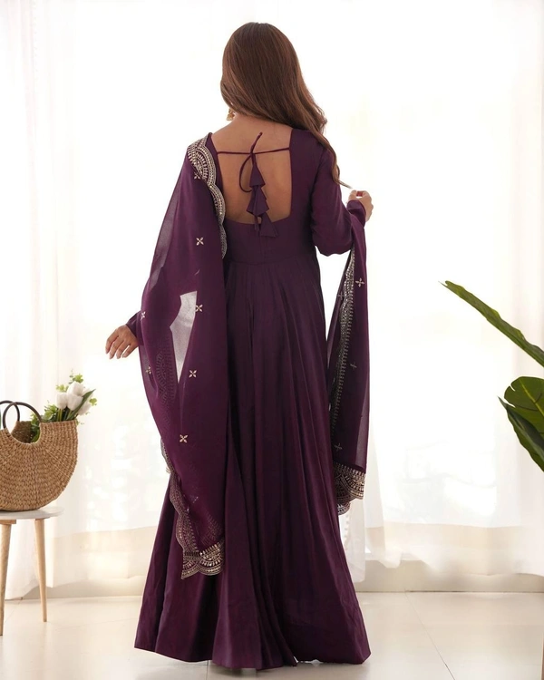 Azorte Fashion Premium Roman Silk Chanderi Anarkali Set – 16-Kali Flair, Embroidered Dupatta & Stitched Pants - Cocoa Bean, XS (34)