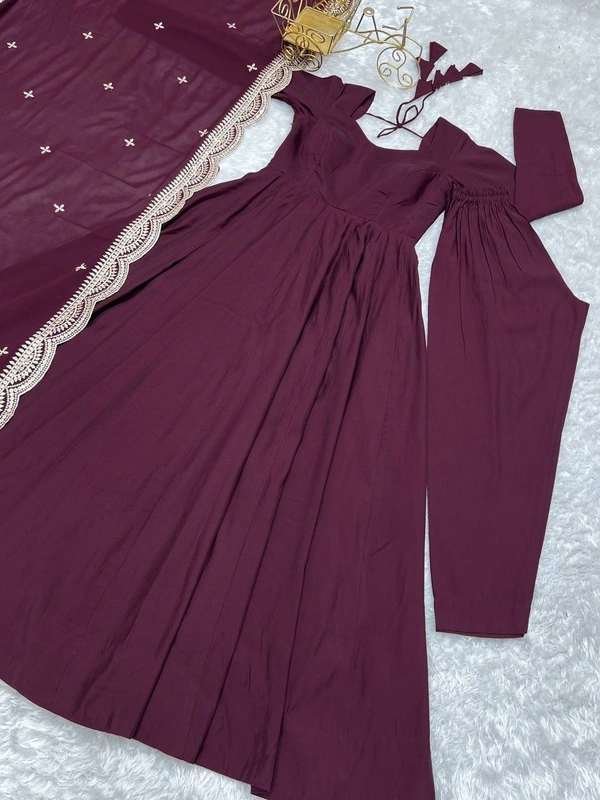Azorte Fashion Premium Roman Silk Chanderi Anarkali Set – 16-Kali Flair, Embroidered Dupatta & Stitched Pants - Cocoa Bean, XS (34)