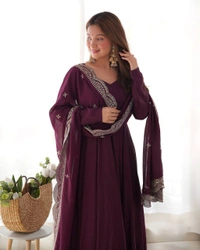 Azorte Fashion Premium Roman Silk Chanderi Anarkali Set – 16-Kali Flair, Embroidered Dupatta & Stitched Pants - Cocoa Bean, XS (34)