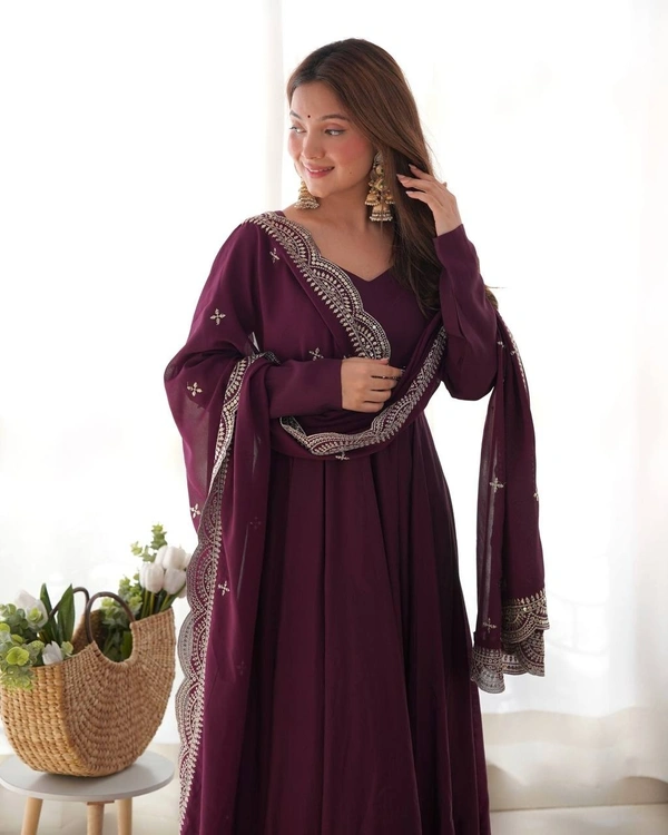 Azorte Fashion Premium Roman Silk Chanderi Anarkali Set – 16-Kali Flair, Embroidered Dupatta & Stitched Pants - Cocoa Bean, XS (34)